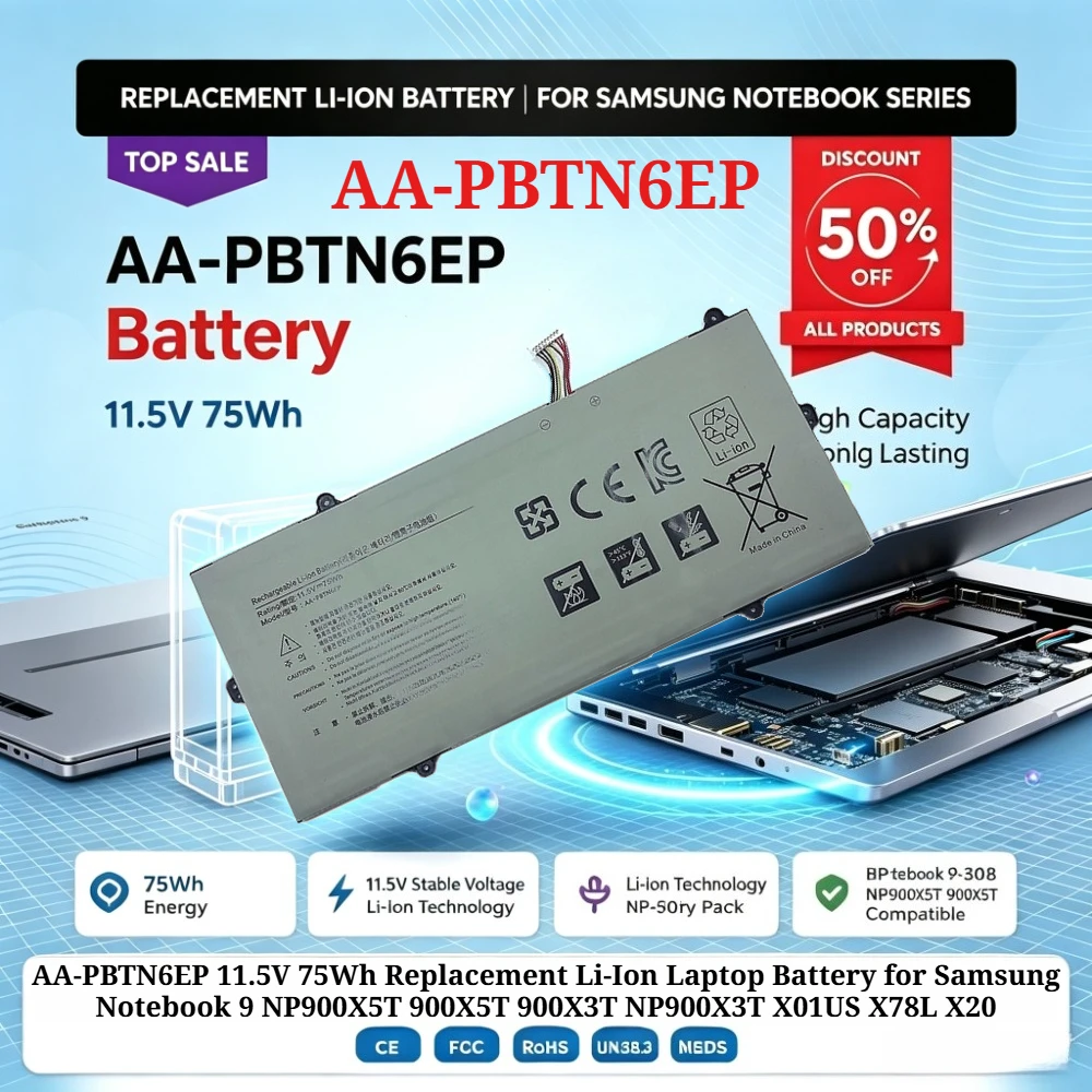 AA-PBTN6EP 11.5V 75Wh Replacement Li-Ion Laptop Battery for Samsung Notebook 9 NP900X5T 900X5T 900X3T NP900X3T X01US X78L X20