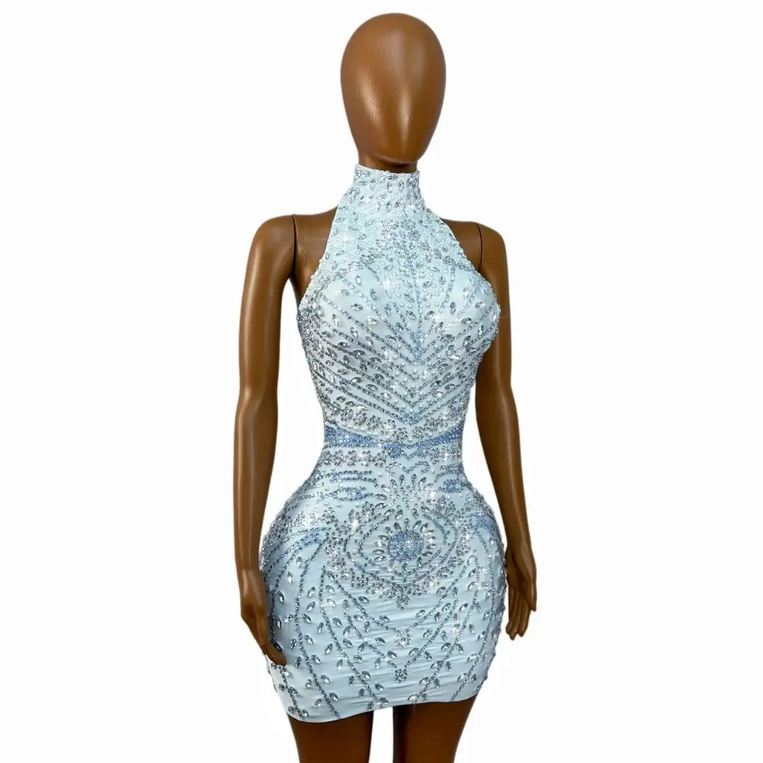 Helanye Womens Luxury Light Blue Rhinestone Halter Neck Bodycon Mini Dress Formal Evening Party Prom Cocktail Gown