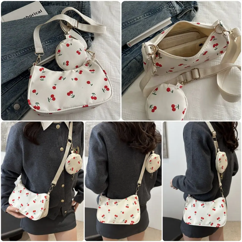 Casual Red Cherry Crossbody Bag Oxford Cloth Large Capacity One-shoulder Bag Printed Waterproof Underarm Bag Commutting