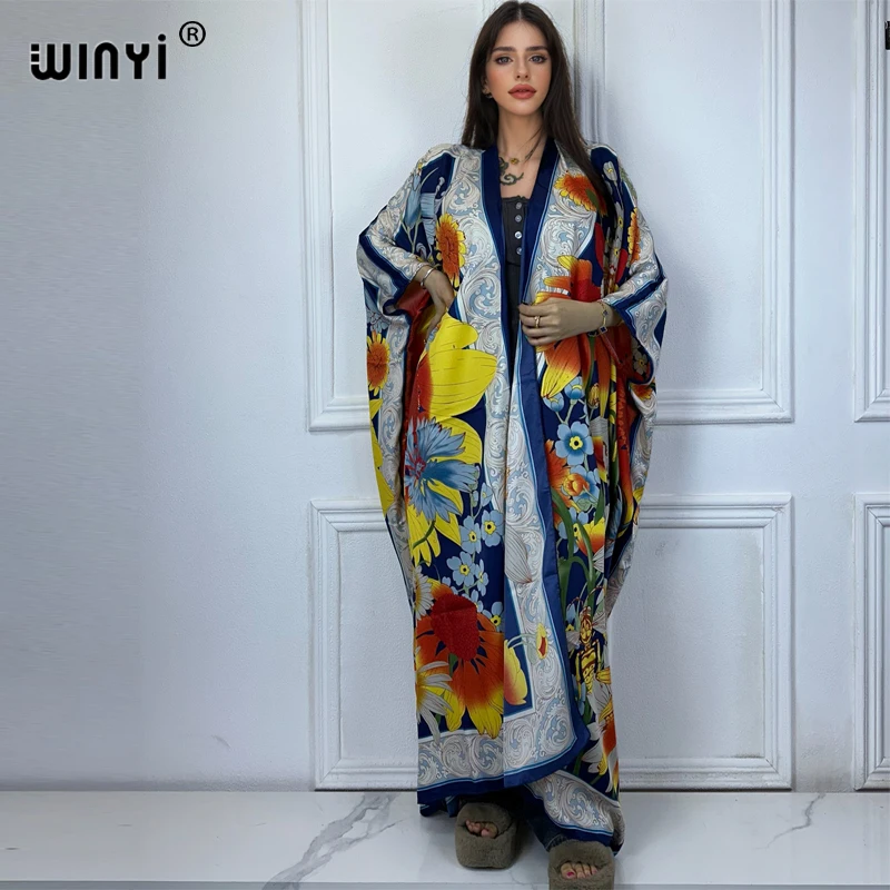 WINYI-Cardigan Kimono Imprimé Bohème pour Femme, Tenues de Plage Maxi Élégantes et Sexy, Robes Caftan, Cover-up Valide en, Vêtements Africains, Manteau