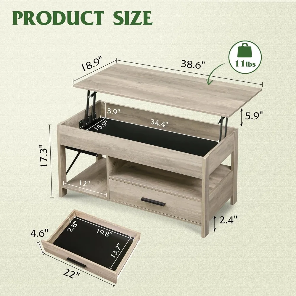 Mesa de centro de madeira com gavetas de armazenamento e compartimento oculto, mesa central superior elevatória de 39 polegadas para sala de estar