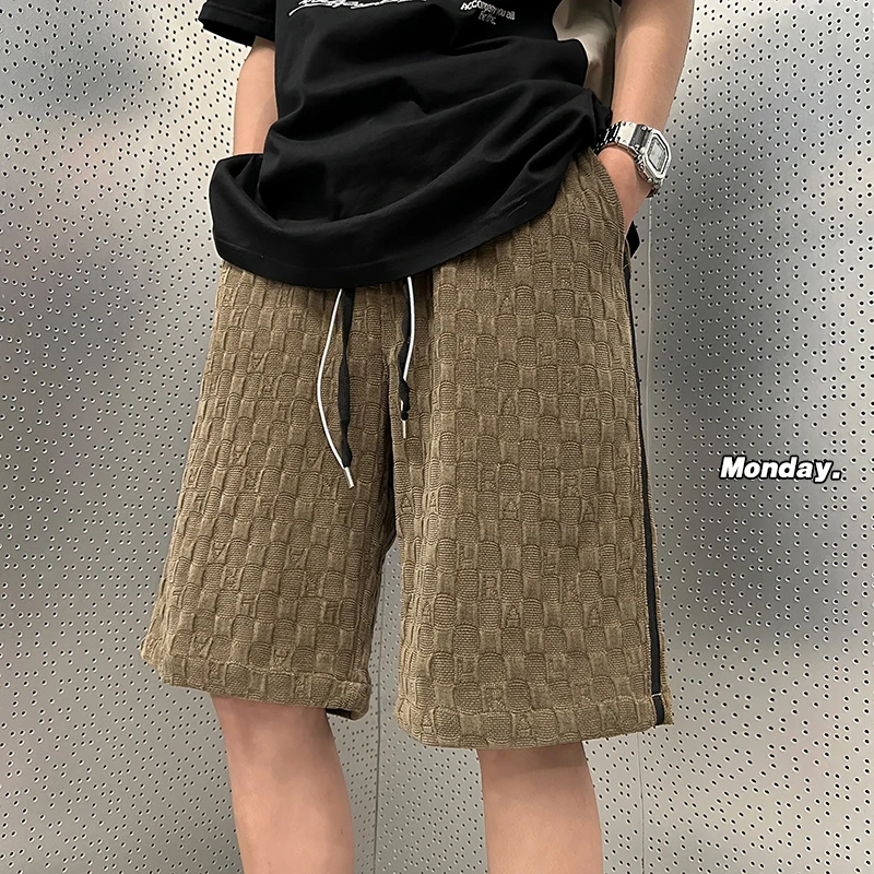 

American Casual Men's Summer Trendy Brand Retro Chboard Pattern Loose Spor Five-Quarter Length Straight Leg orts