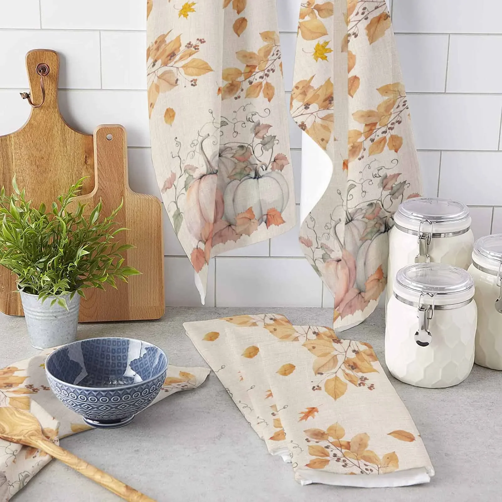 Autumn Pumpkin Watercolor Leaves Microfiber Towel Absorbent Kitchen Cleaning Cloth Dish Towel Household Cleaning Towel