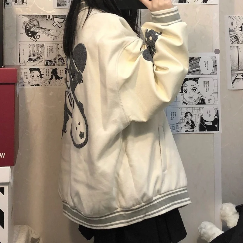 Kawaii Baseball Jackets Women Vintage Y2k Oversizd Bomber Jackets Japanese Style Graphic Coat Female Streetwear Outwear