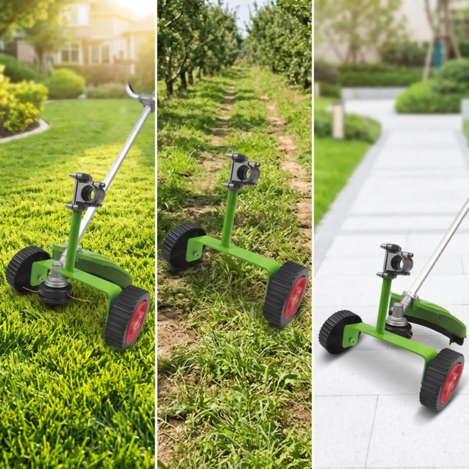 Two Wheel Lawn Mower Support Attachment with Black Treaded Tires and Red Hubs for Uneven Terrain