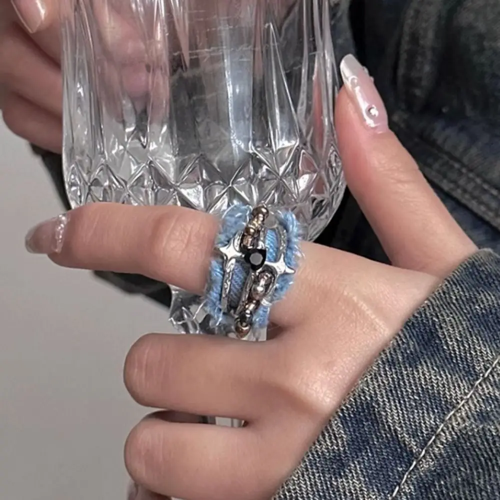 Fashion Star Y2K Opening Rings Three Layer Heart Denim Rings Jewelry Adjustable Metal Beaded Rings Women