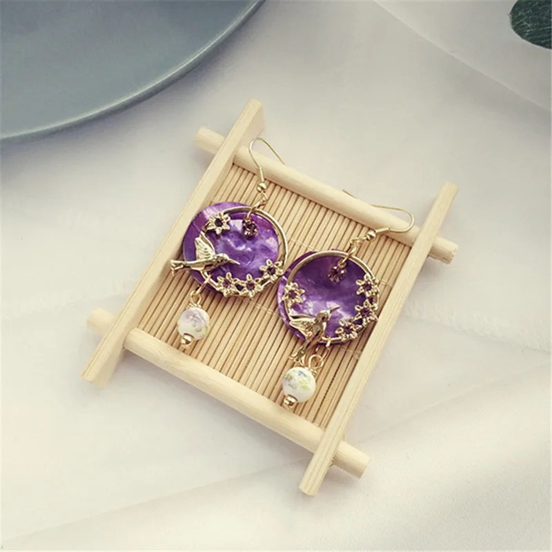 Kshmir New fashion pendant female Earrings Flower bird purple shell Pearl Earrings Jewelry jewelry girl\'s gift