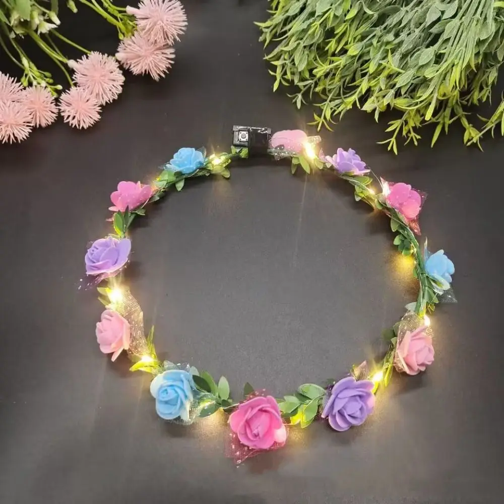 

Simulation Rose Flower Wreath Headband Tiara LED Light Flower Crowns Bride Hair Accessories Floral Hoop Glowing Wreath For Bride