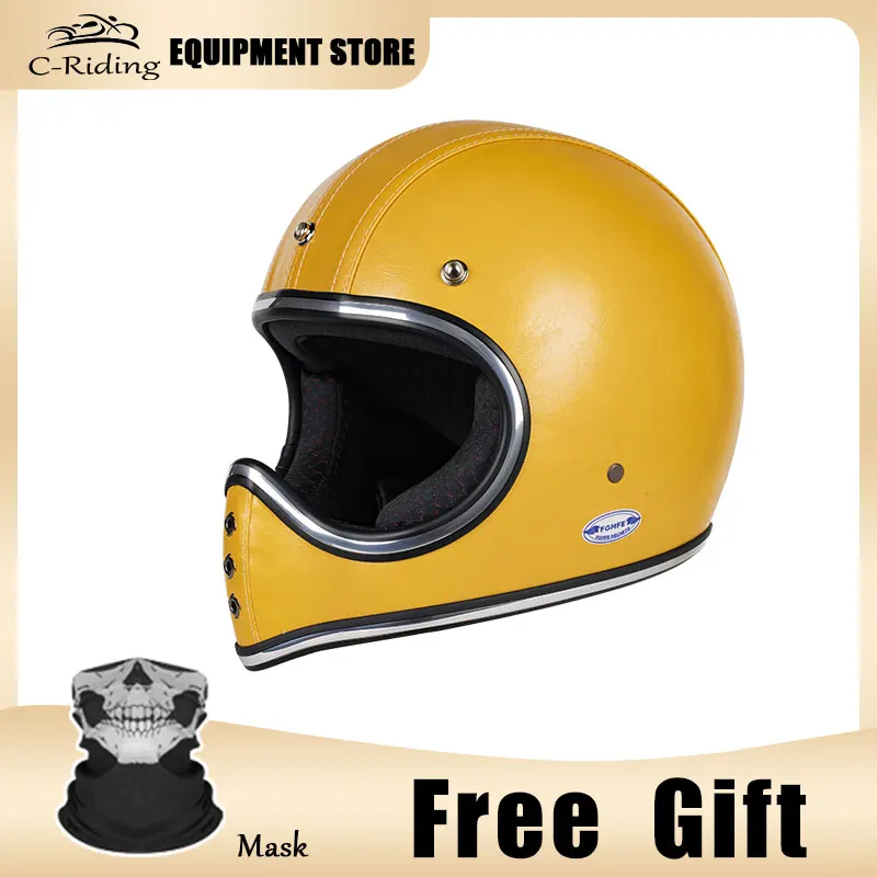 

Tokyo Vintage Fiberglass Leather Helmet Yellow Bird-Beak Helmets Motorcycle Helmet Men Women Vintage Full Helmet All Seasons