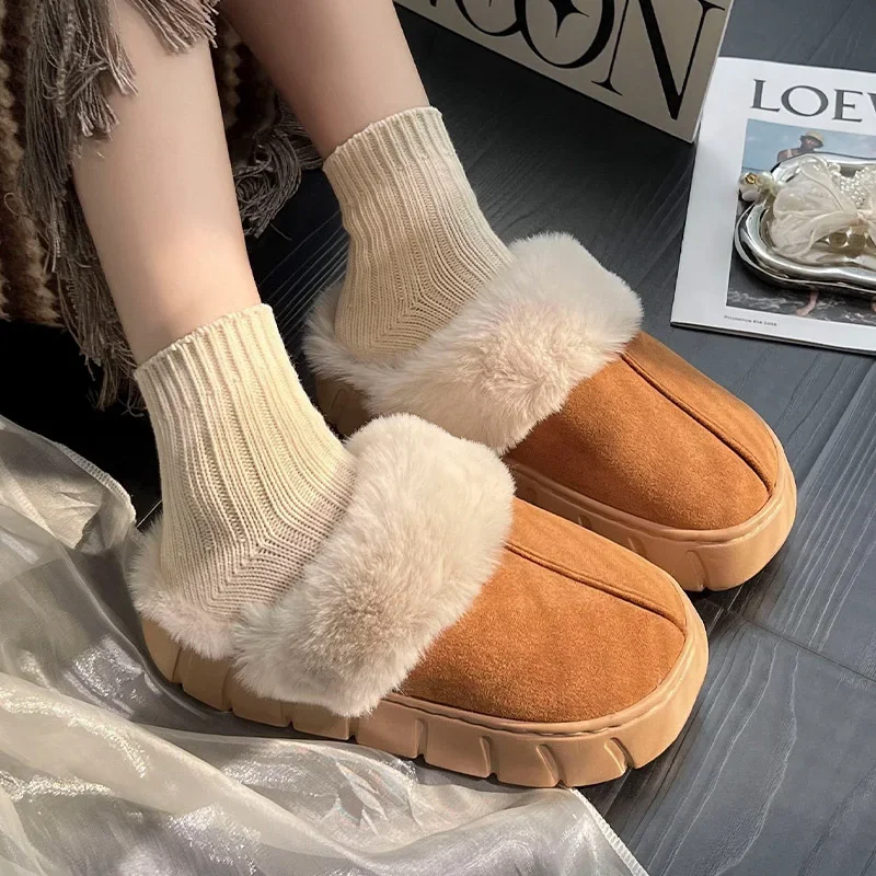 New Women Indoor Fluffy Slippers Thick Sole Winter Warm Shoes For Couples Soft Fur Keep Warm Female Male House Floor Slipper