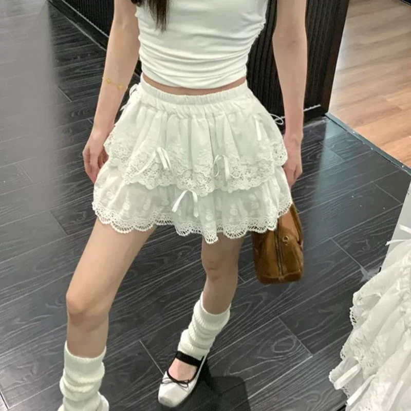 

HOUZHOU Coquette Lace Mini Skirt Women White Sweet Bow Kawaii Ruffle Skirts Patchwork Layered Cute A-line Short Skirt Aesthetics