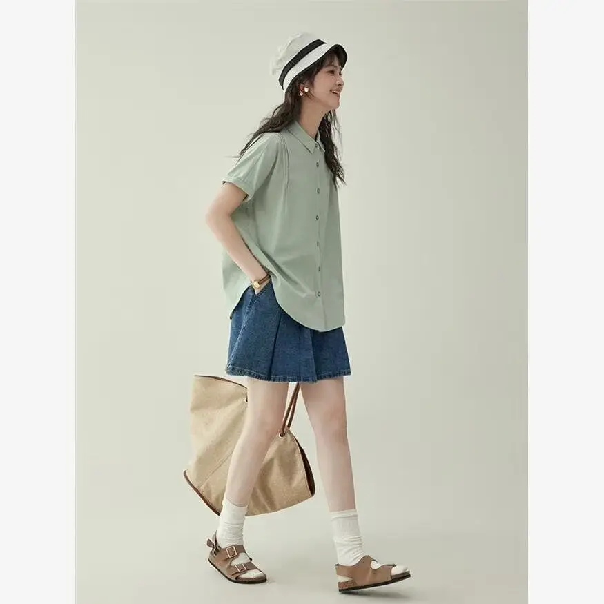 2025 夏ルーズフィットデニムショートパンツハイウエスト痩身女性の弾性ベルボトム E9027