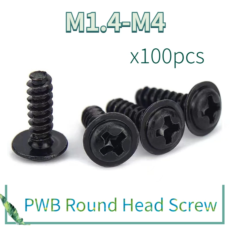 100pcs/Lot Screw PWB Round Head With Washer Self- tapping Screw Black Plated PWB Screw M1.4 M1.7 M2 M2.3 M2.6 M3 M3.5 M4