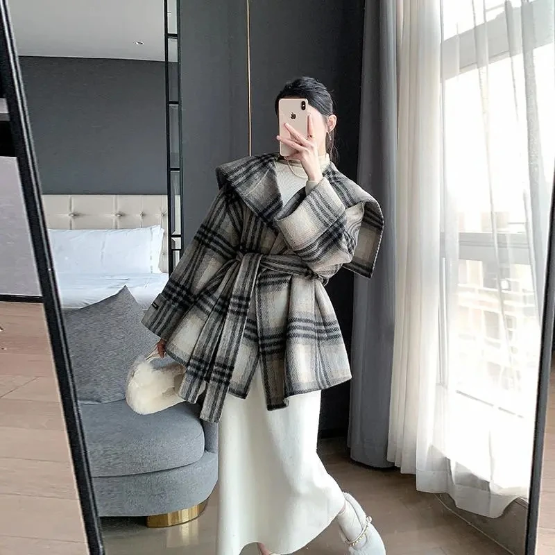 2024 Autumn Winter New Navy Collar Cloak Woolen Jacket Female Medium To Long Korean Waist Plaid Double-sided Woolen Coat Female