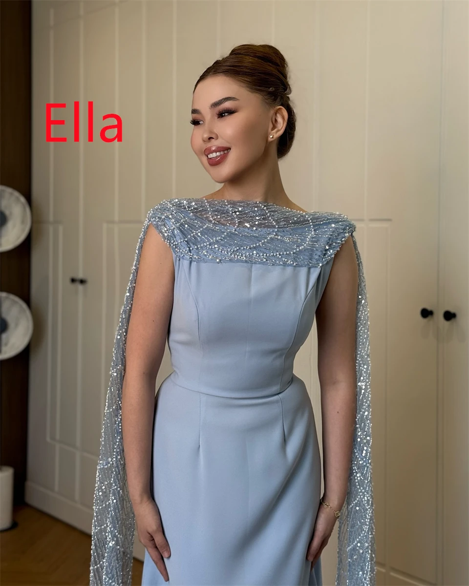 

Customized Formal Light Blue Jersey Evening Dress Delicate Crew Neck Cap Sleeve Lace Up Back Beading Pearls Homecoming Dress
