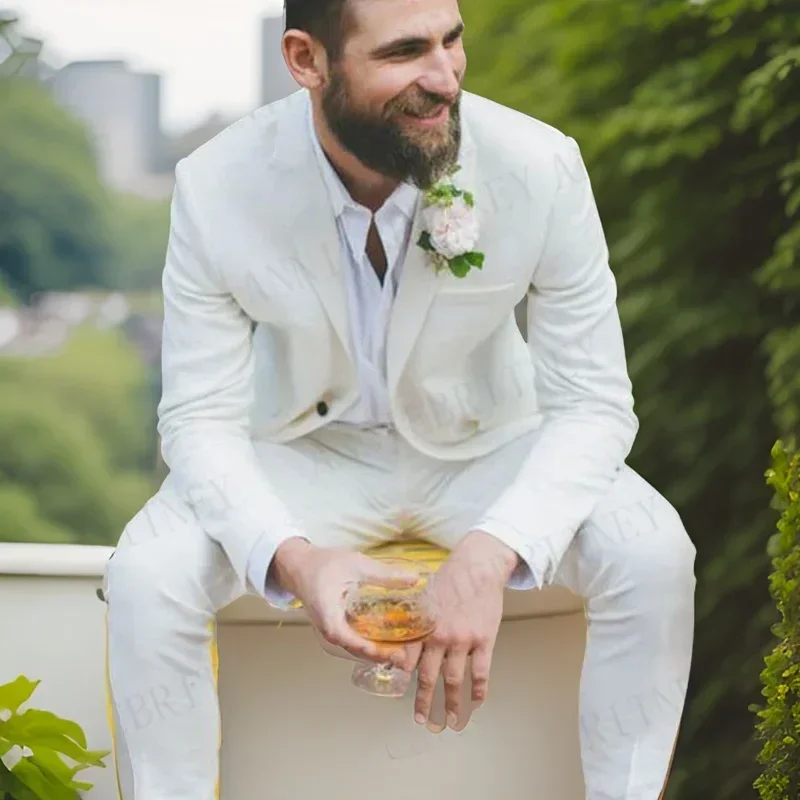 

Linen Wedding Men Suits For Groomsmen Party Slim Fit Groom Tuxedo Prom Custom Size 2 Pcs Suit Jacket With Pants