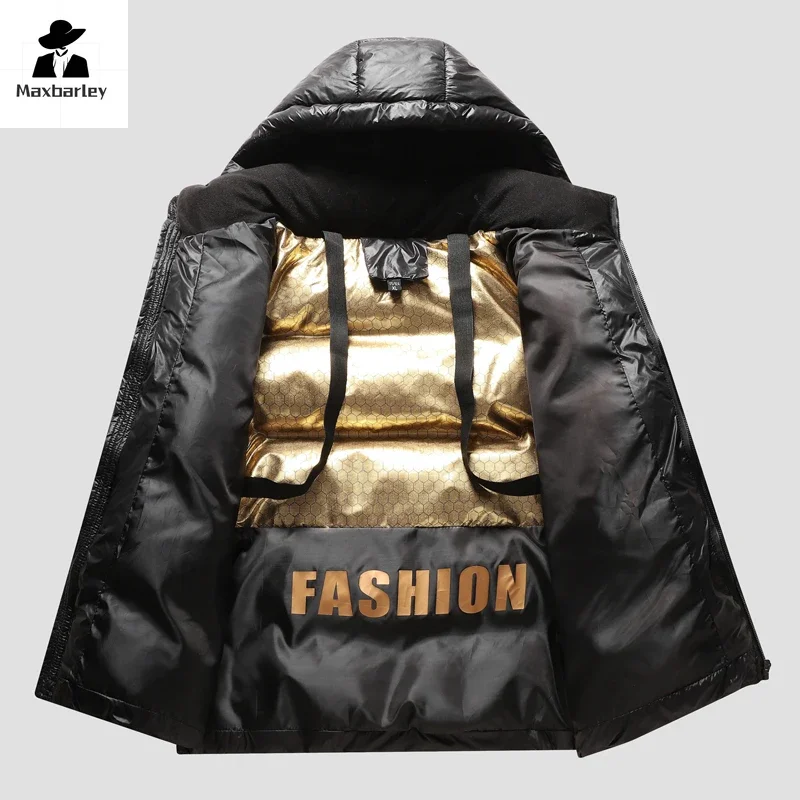 Chaqueta ligera de invierno para hombre, abrigo acolchado de algodón cálido impermeable brillante negro dorado de lujo para mujer, Parka corta con capucha a la moda