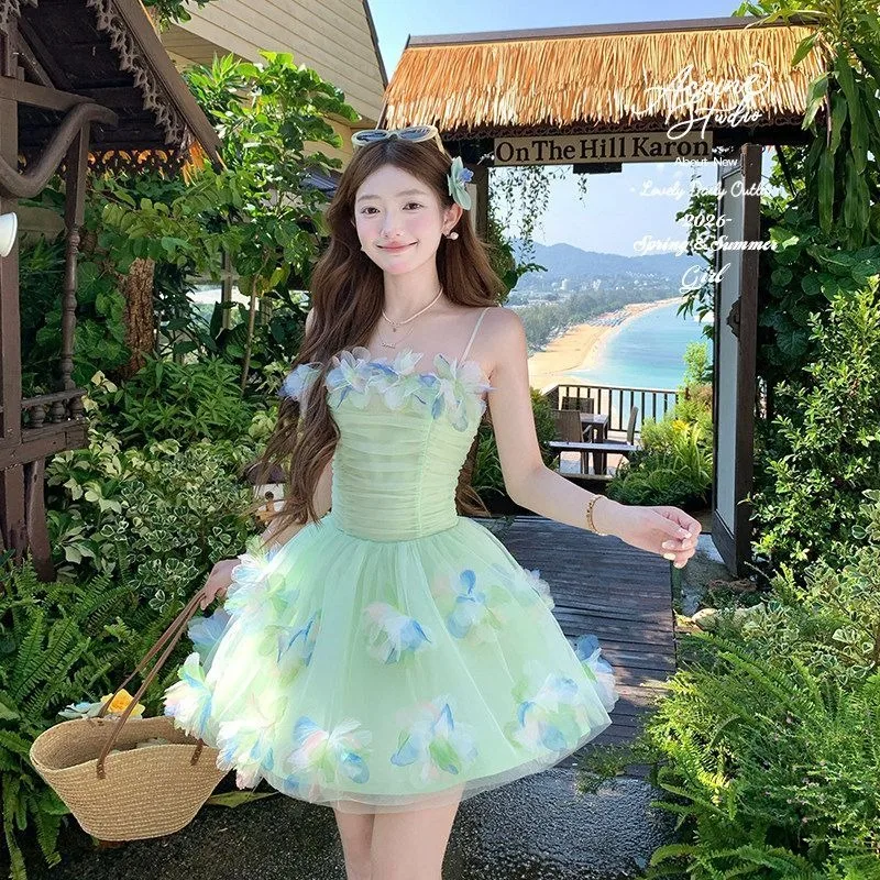 

Fairy Three-dimensional Mesh Dress Female 2026 Summer New Flower Waist Suspender Medium and Long Summer Skirt Seaside Vacation