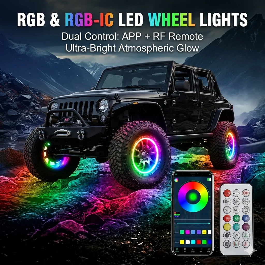 4PCS RGB IC Car LED Wheel Ring Lights App Remote Waterproof Neon Ambient Rim Strip Lamp 15 17 19 Inch For Jeep Truck Offroad ATV