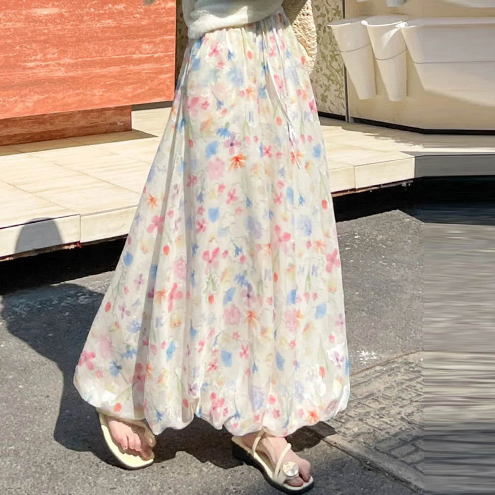 Colorful flower bud skirt, half body skirt,  high waisted cloud skirt, printed medium long fluffy long skirt
