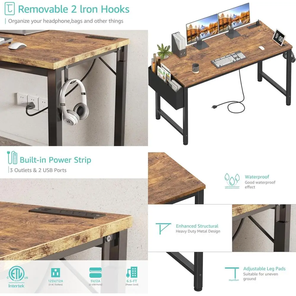 

55 Brown Charging Station Computer Desk for Home Office with Built-in Power Outlets