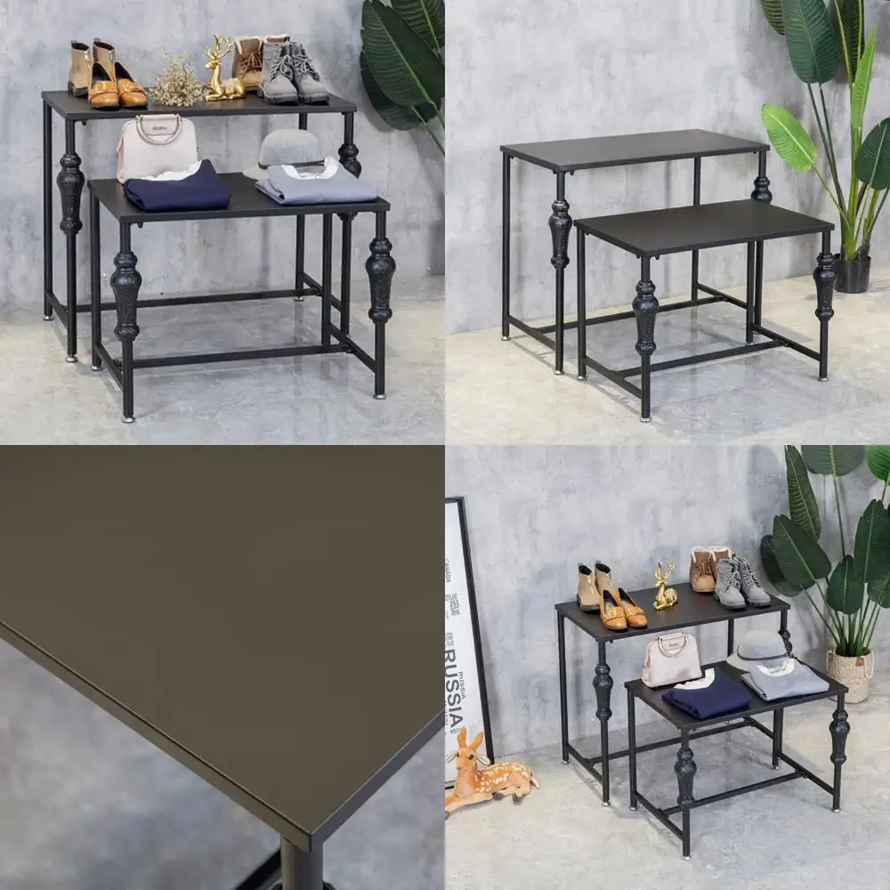 

Rustic Boutique Display Tables for Retail, Pair of Clothing and Shoe Racks, Vintage Style Storage Shelves