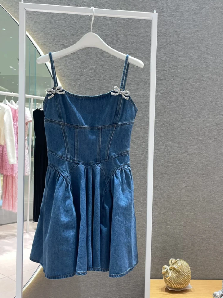 

Летнее джинсовое платье-халтер 7Y SP2025 с узлами, женское, с завышенной талией, А-силуэт, повседневное, из хлопка