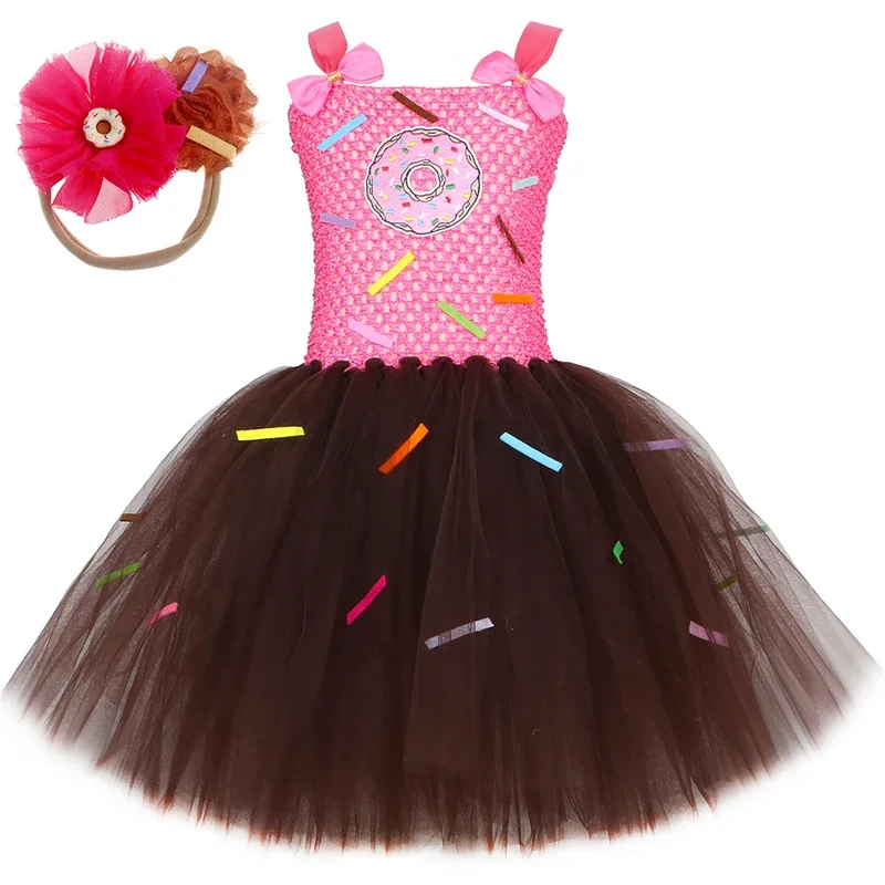 EE01 Costume da ciambella per bambina Vestito a tema caramelle per regali per feste di compleanno per bambini Vestito da tutu per biscotti con ciambella al cioccolato dolce GirlIo0!