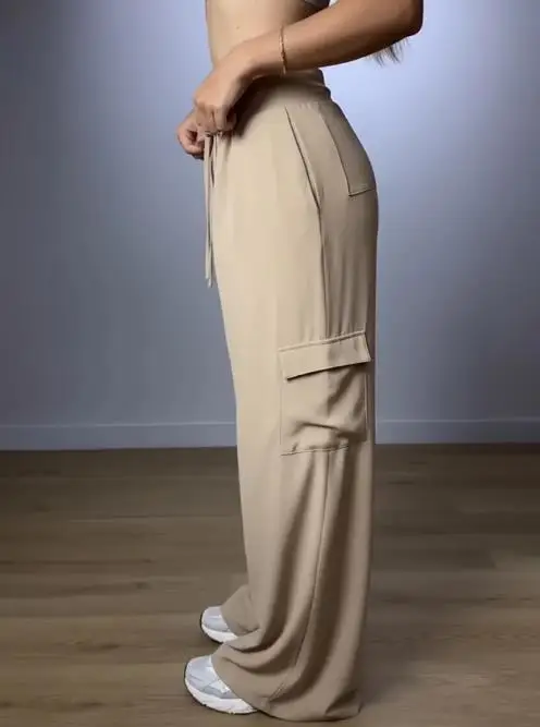 Pantalon taille haute plissé avec cordon de serrage sur le devant, jambes larges, poches à rabat décontractées, Design Cargo