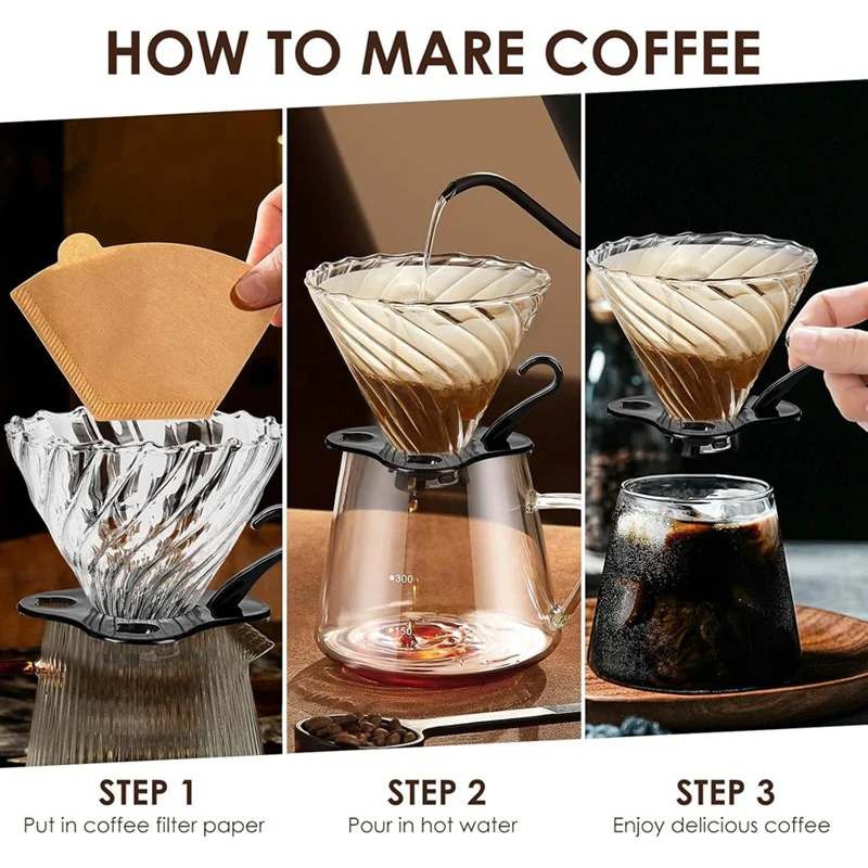 Pour Over Coffee Dripper Coffee Filter For 1-4 Cups  Reusable Coffee Maker Heat-Resistant Glass Coffee Cone