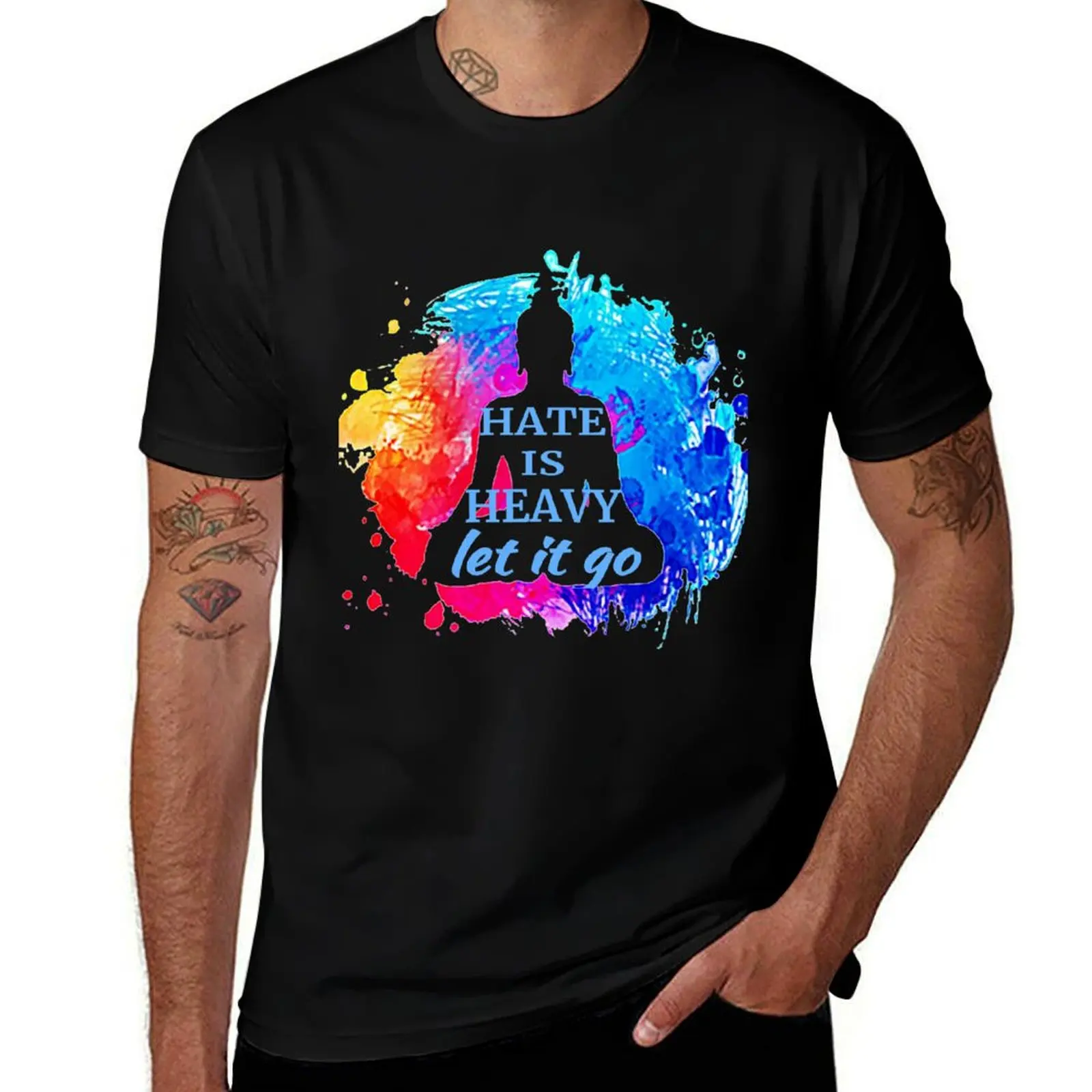 Hate is heavy Let it go Funny Buddha Quote Gift T-Shirt Running Gym Short Sleeve Sports Tee