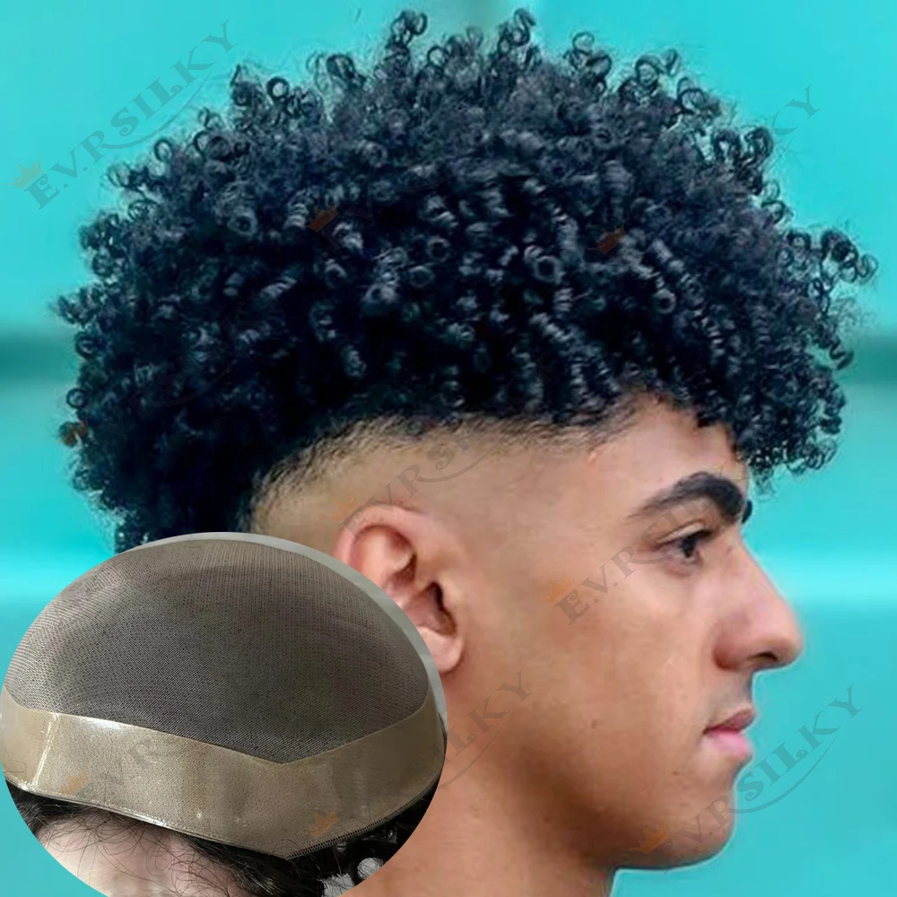 

8mm 12mm 15mm Kinky Curly Afro Man 100% Human Hair African American Toupee Natural Hairline Brown Black Mono Lace&Pu Prosthesis