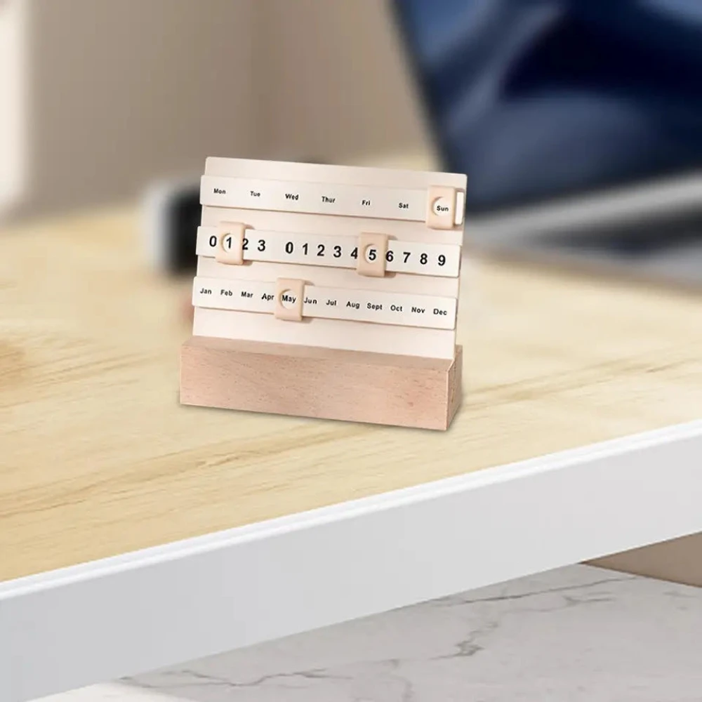 DIY Moving Wooden Block Calendar Desktop Ornaments Slider Perpetual Calendar for Office Coffee Shops Desk Desktop Restaurants