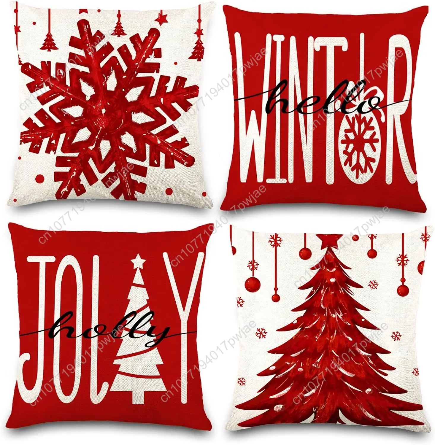 DIYDEC 4PCS Christmas Pillow Covers 18x18 inch Winter Throw Pillow Covers Red Christmas Tree Snowflake Pillow Covers Hello Winte