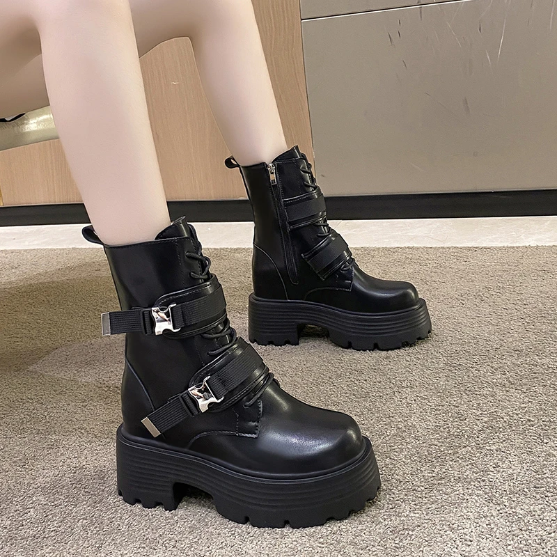 Winter High Platform Leather Boots 8CM Wedges Buckle Ankle Boots Women 2022 Female Punk Style High Heels Motorcycle Shoes Woman