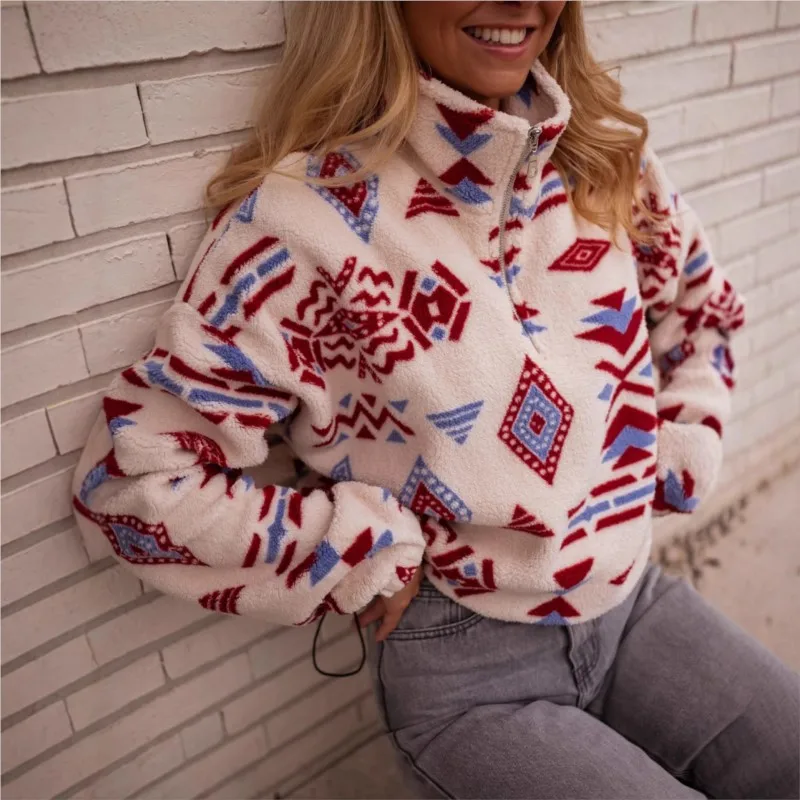 Damen Casual Bedruckter Pullover mit Halbem Reißverschluss, Fleece-Mantel, Neue Wintermode, Doppelseitiger Plüsch, Warmer Langarm-Mantel