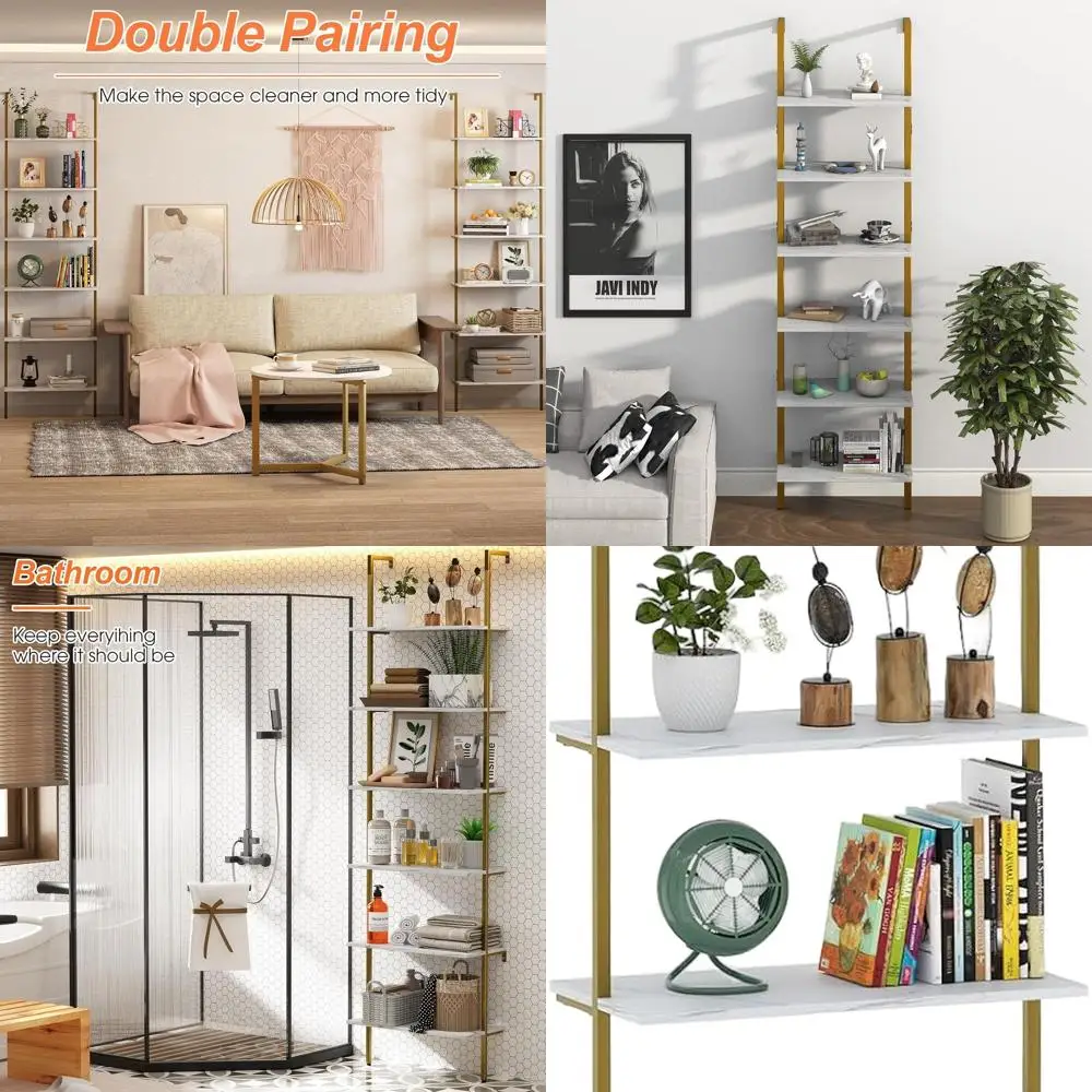 

6-Tier Modern White Marble Bookshelf - Tall Leaning Wall Shelf for Living & Bedroom Decor