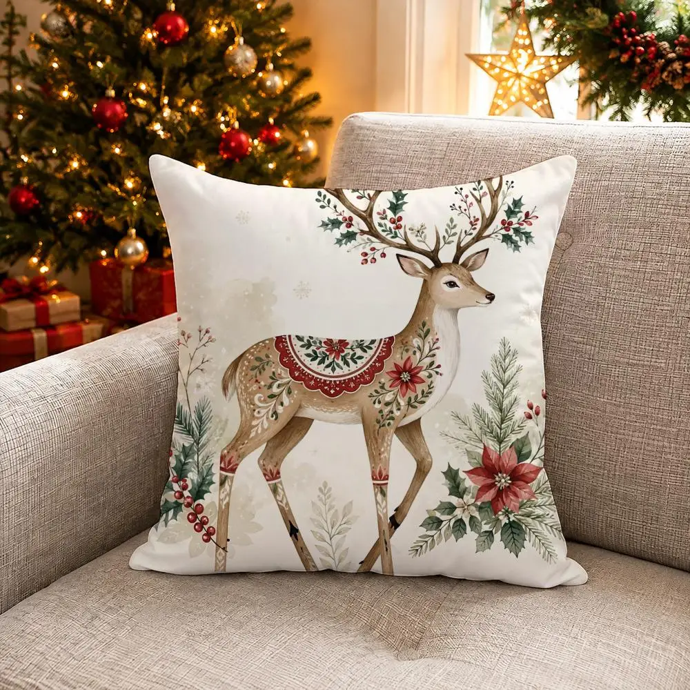 Christmas Woodland Animal Cushion Cover Soft Christmas Pillow Cover | Festive Cushion Decor for Cozy Sofa Bedroom Home