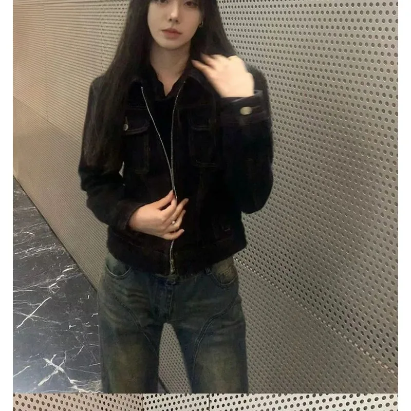 Black Short Denim Jacket Spring and Autumn American Retro Design Sense Vintage Slim Lapel Flight Jacket