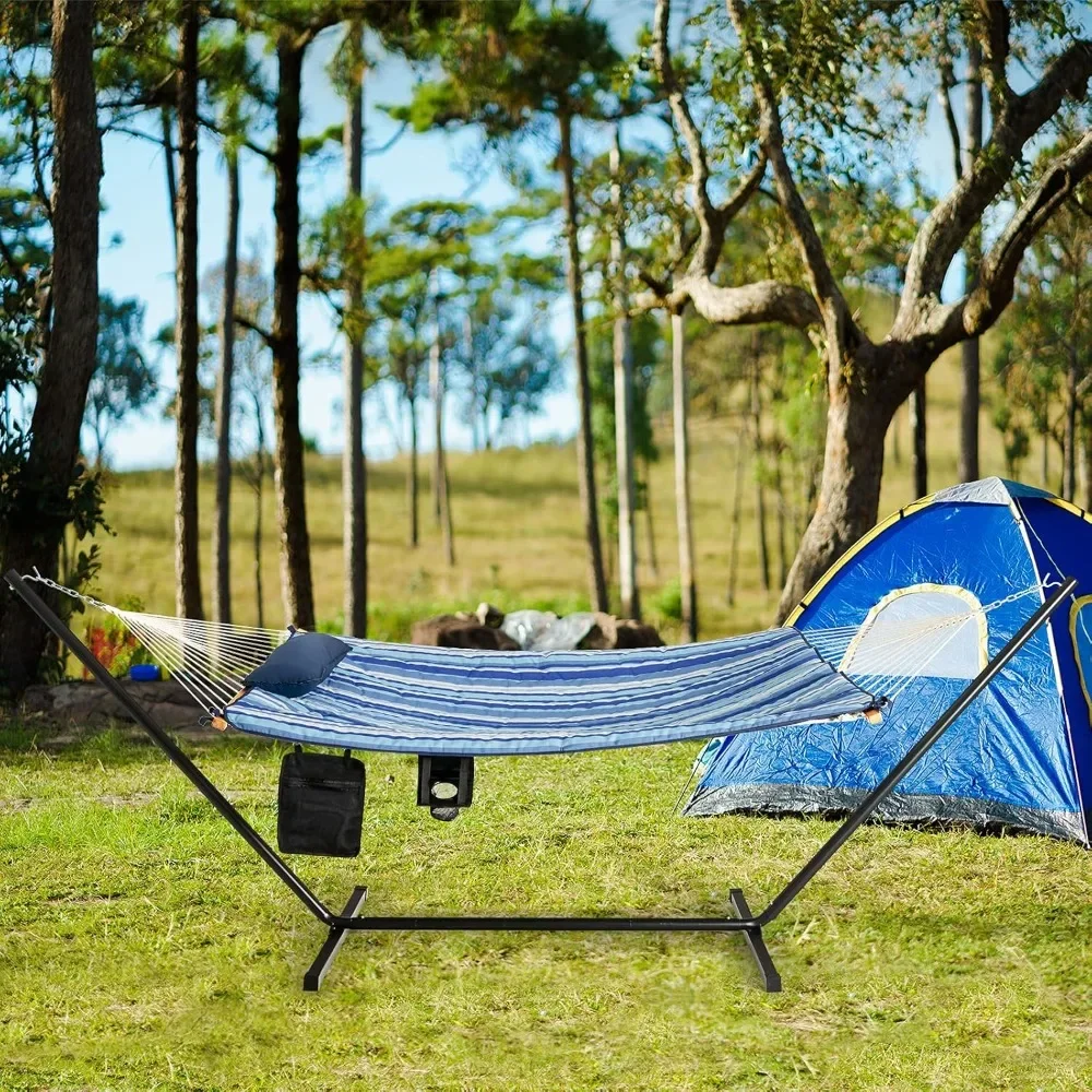 Double Hammock with Stand, 2 Person 12Ft Steel Hammock Stand with Cotton Hammock, Pillow, Cup Holder, Carry Bag, Indoor Outdoor