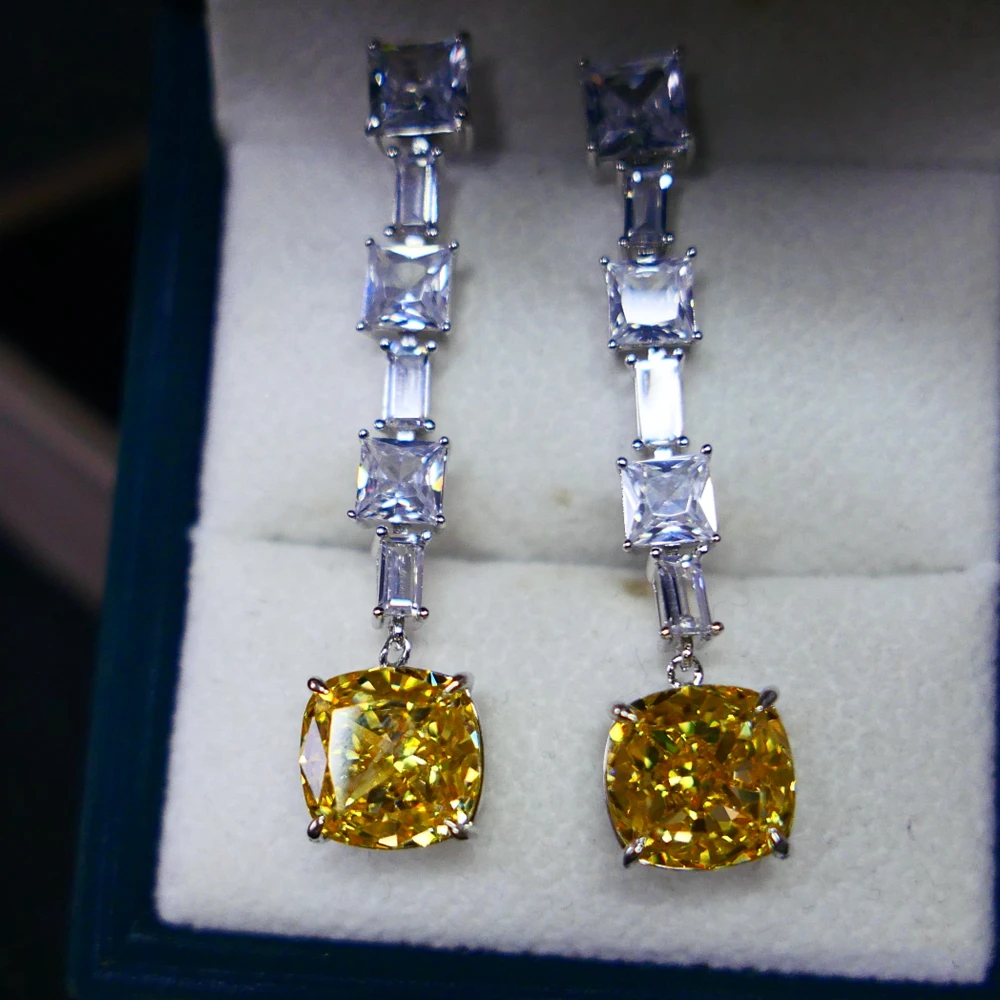 

KQDANCE New Radiant Cut 10*10mm High Carbon Diamond Long Drop Earrings With Pink Yellow Stone Women Real Gold Plated Jewelry
