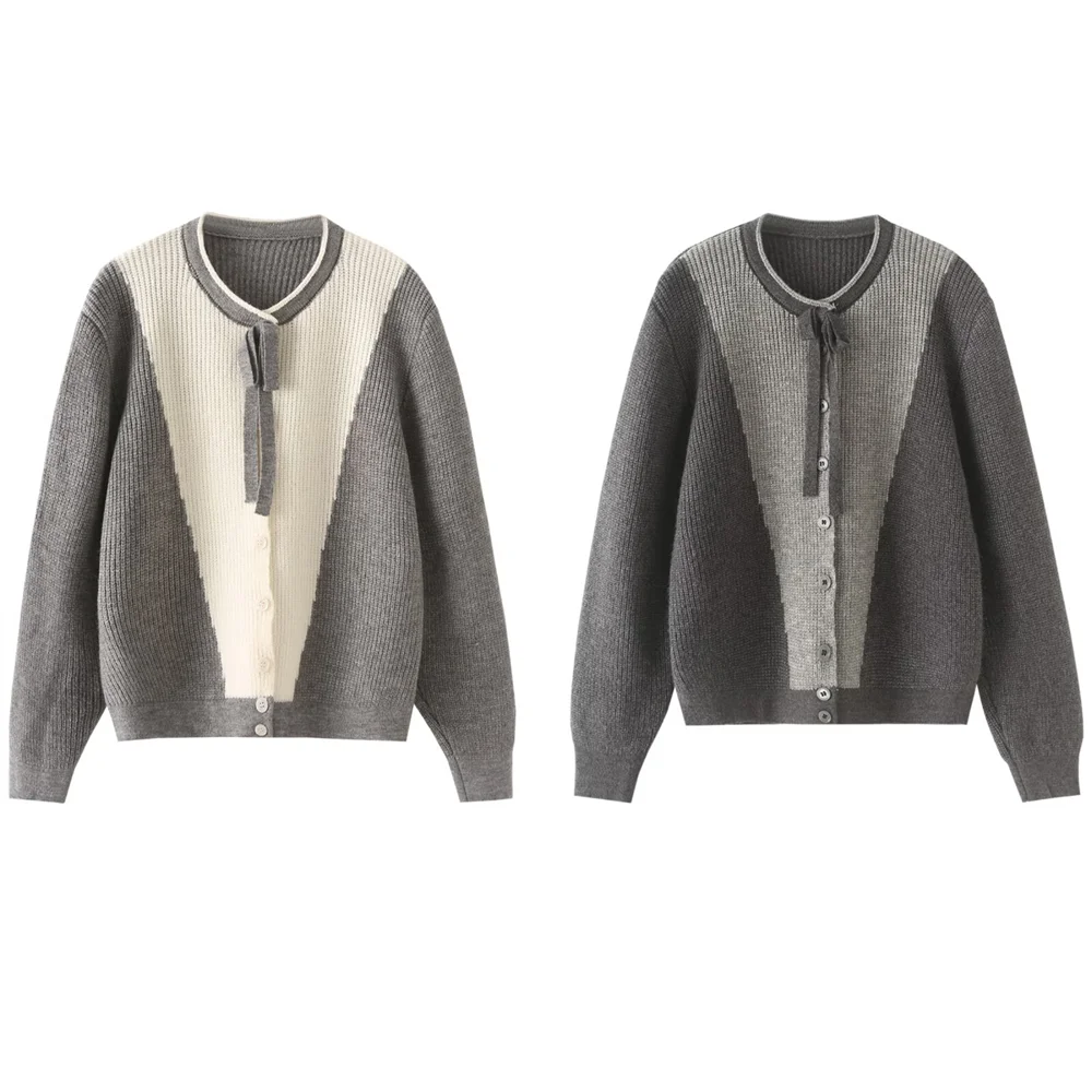 

PB&ZA autumn new women's clothing 2024 lace up color blocked round neck long sleeved knitted cardigan