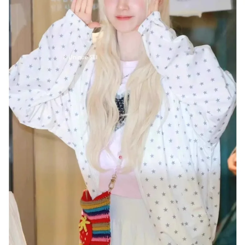 

Korean Star Printed Sunscreen Long-sleeved Jacket Women 2025 Summer New Streetwear Loose Casual Zipper White Tops