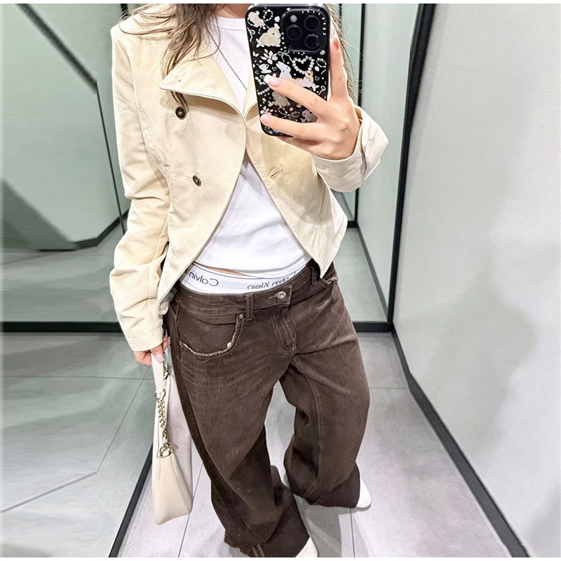 Damenmäntel mit Stehkragen, seitlicher Knopfleiste, einreihig, kurze Anzugjacke, Herbst, Bürodamen, langärmelig, schmaler Schnitt, neue Oberbekleidung – Detail 8