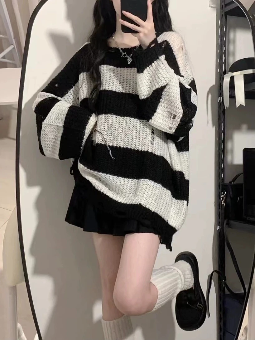 

Women's Striped Knitwear Spring Autumn Loose Lazy Sle Hollow out Thin Hole Design Casual Commute Long Sve Regular Fit