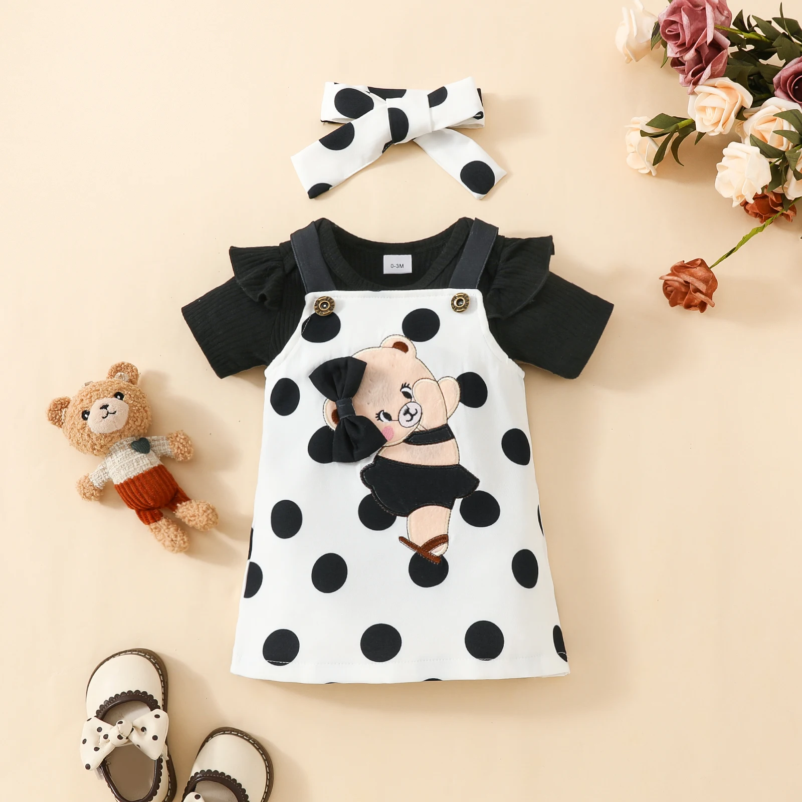 Pudcoco Infant Baby Girls 3Pcs Spring Outfits Romper + Bear Suspender Skirt + Headband Set Newborn Clothes 0-18M