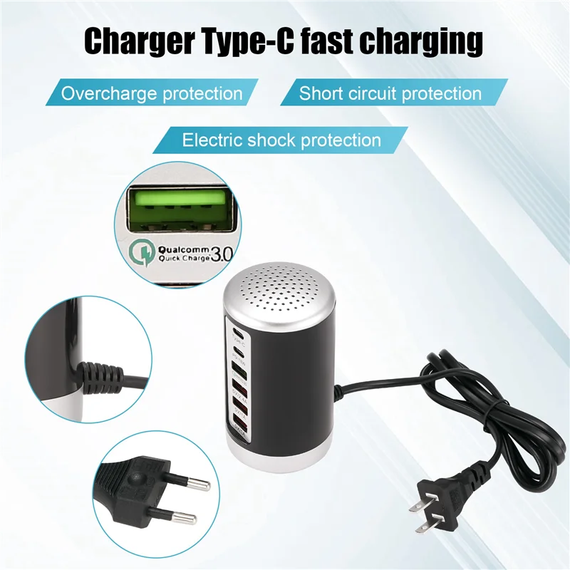

AU61-65W Многопортовое зарядное устройство USB-концентратор QC3.0 Быстрое зарядное устройство 6-портовое зарядное устройство PD типа C Зарядная док-станция для мобильного телефона