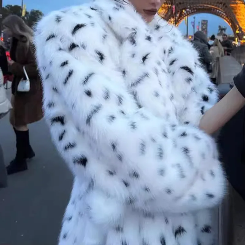 EAEOVNI الشتاء موضة الفراء معطف طويل المرأة ليوبارد نقطة تصميم حزام تجمع الخصر مزاجه سترة ملابس خارجية #4