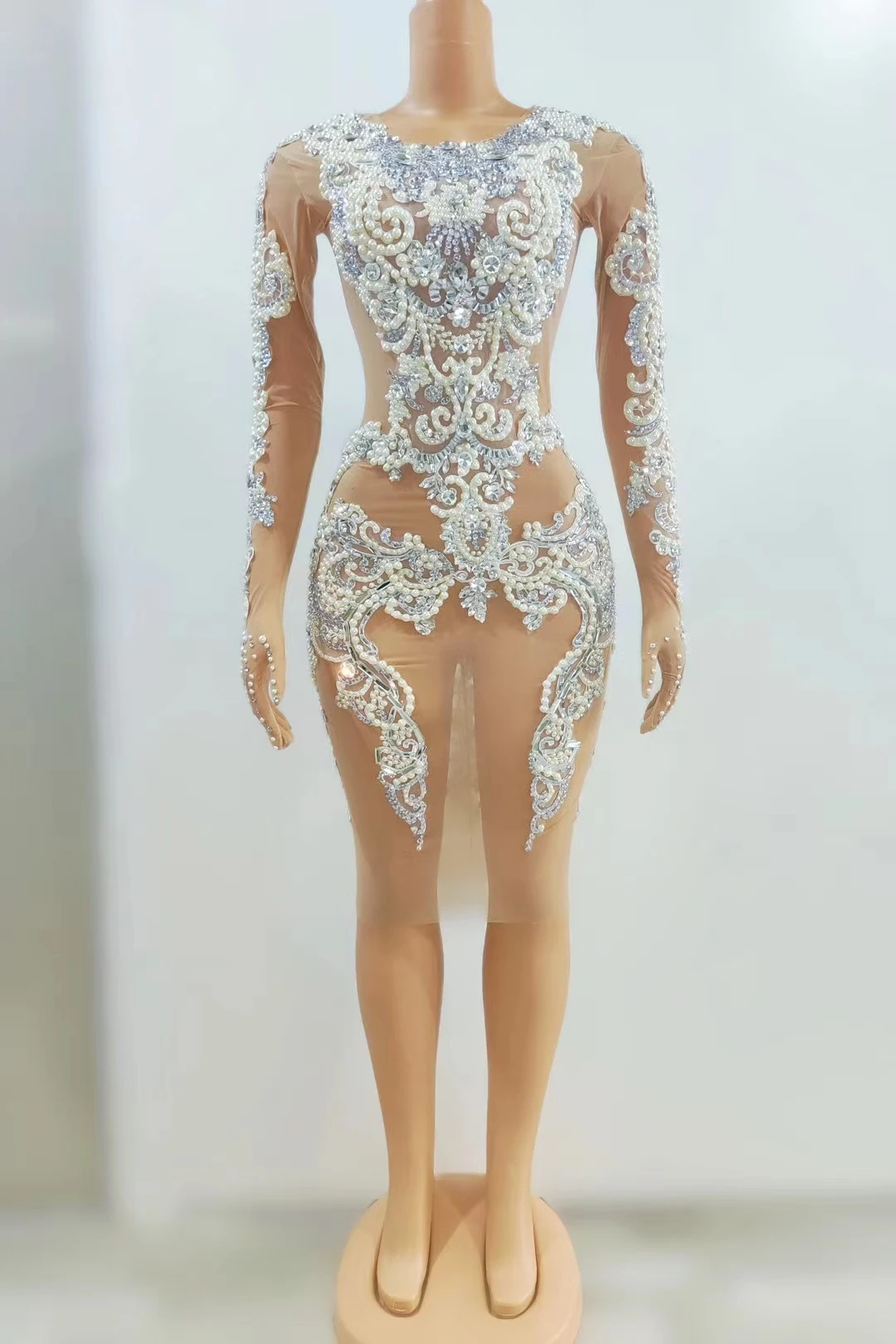 Dingzhibi-Vestido corto con perlas y piedras brillantes, traje Sexy de manga larga, malla transparente, ideal para celebraciones nocturnas y cumpleaños