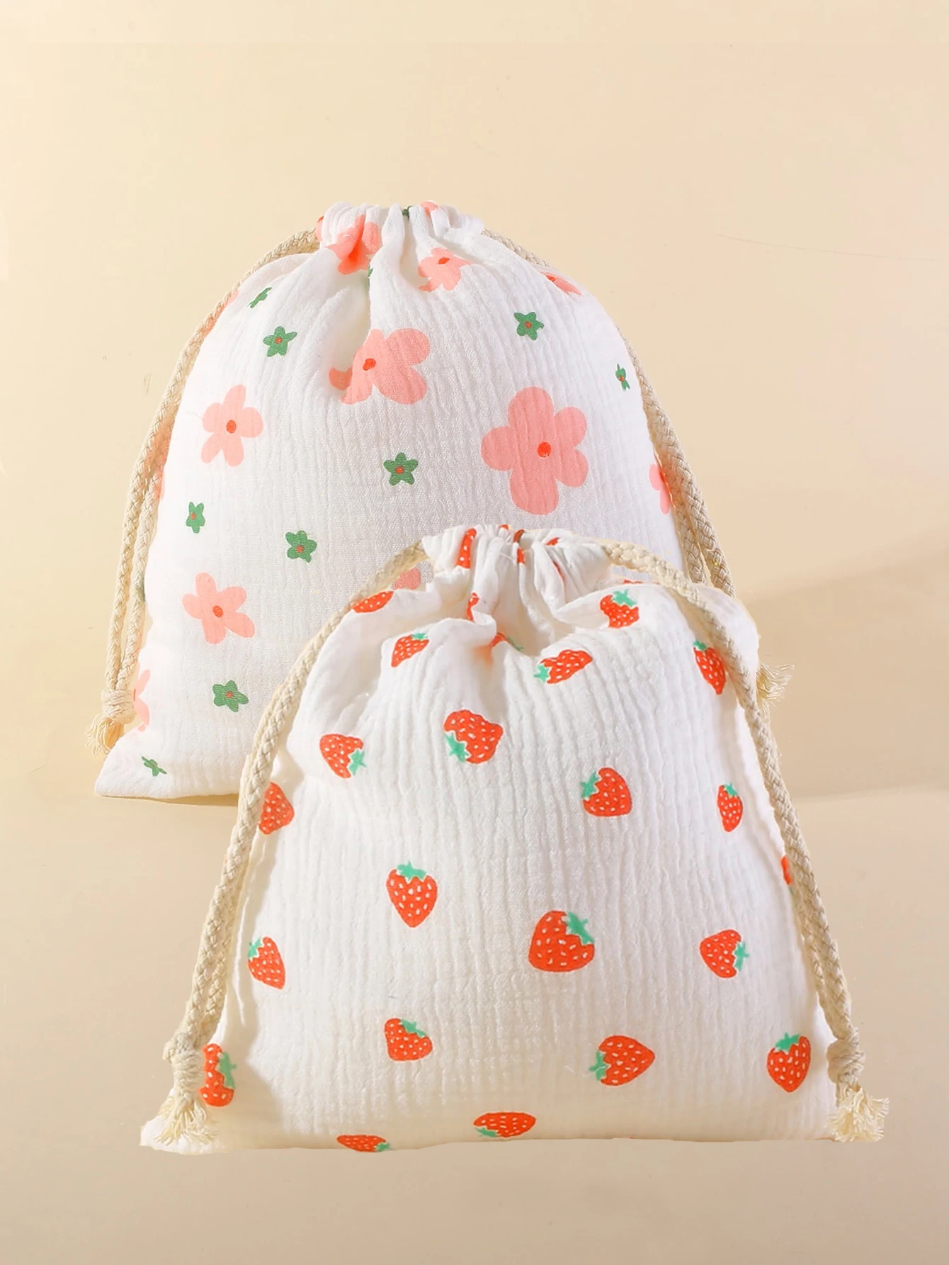 2 Pcs Cotton Mummy Storage Bag Muslin Stroller Hanging Pocket Towel Diaper Pouch Baby Gauze Drawstring Diaper Bag